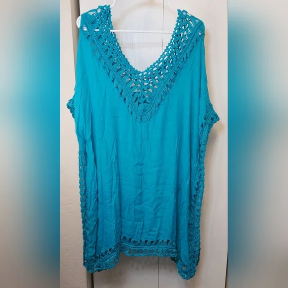 Swimsuit Coverup Batwing Sleeves Crochet Lace Edging Resort Vacay Beach Vacation - Picture 5 of 10